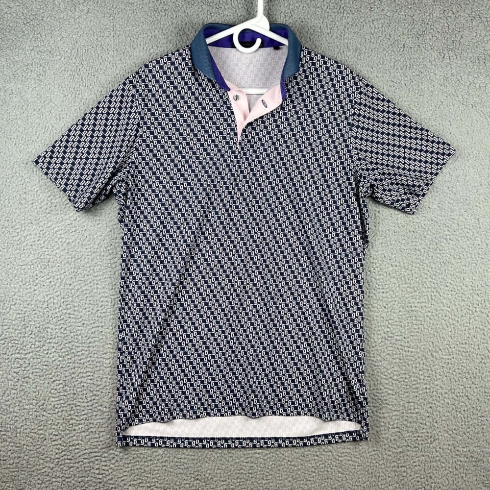 Greyson Mens Gothic G Monogram Golf Polo Shirt Navy Blue Pink Medium